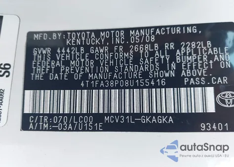 2008 Toyota Camry Solara Sle z USA, uszkodzony, nr VIN 4T1FA38P08U155416